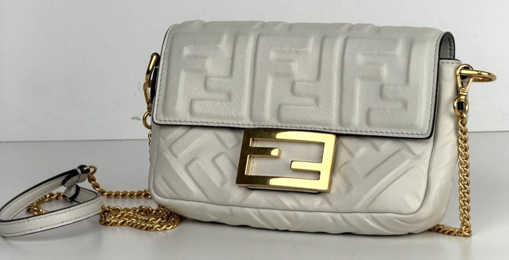 Fendi Baguette Mini Bag in White Calfskin Leather Gold Hardware D-7